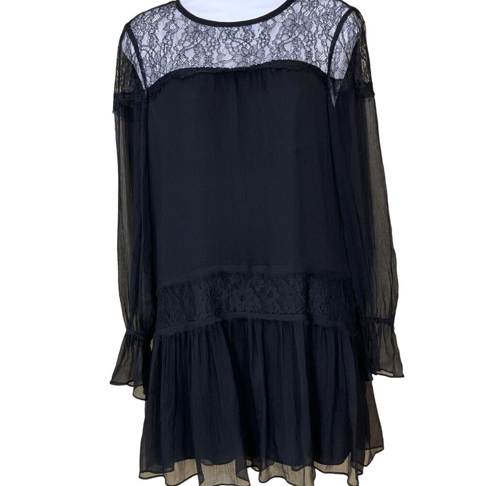 Revolve Ramy Brook NY Watson Long Sleeve Black Chantilly Lace Mini Dress 14/16